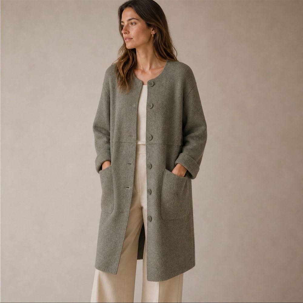 Rodier France Wool Angora Long Cardigan Jacket Green Grey S/M Relaxed Fit